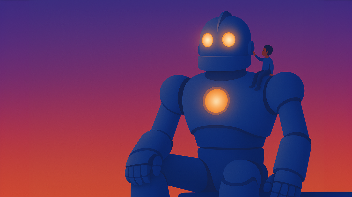 A retro-futuristic scene with a giant robot and a child looking at a computer screen, set against a starry night sky.